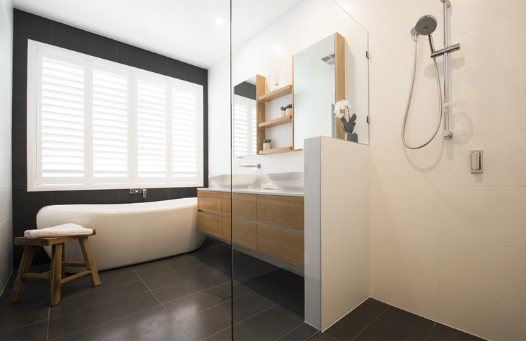 Modern Bathroom|Shower|Custom Made Joinery|Blackbutt Timber Veneer Finish|Matt White tiles|White Shutters